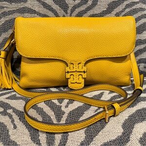 Tory Burch McGraw Foldover Crossbody Bag in Mustard Yellow with Gold Hardware